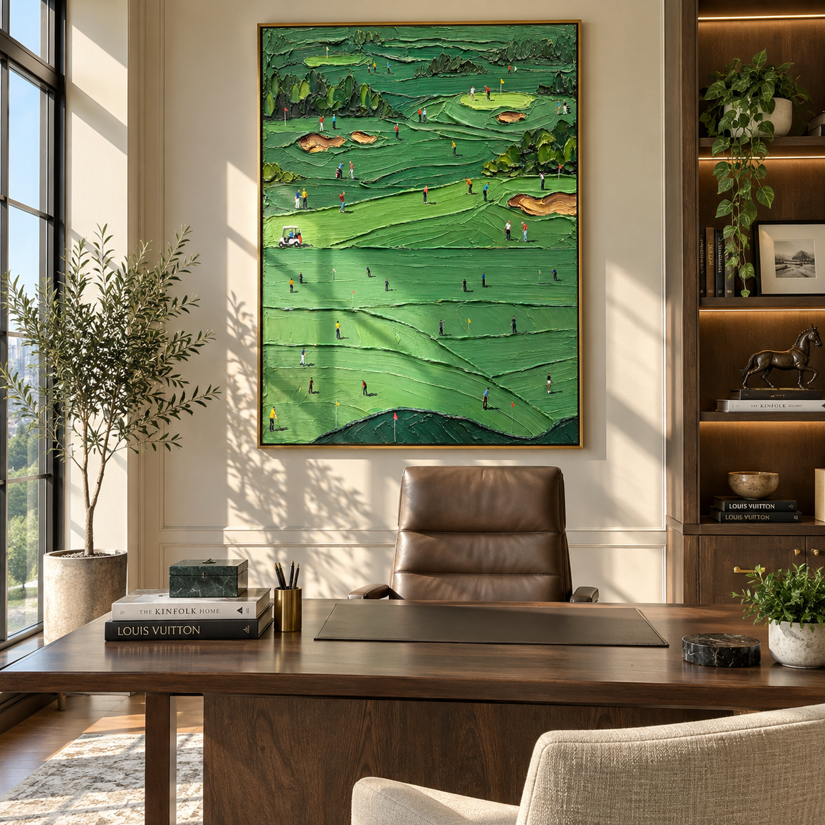 Many Games Across Green – vertical sport painting styled with contemporary furniture