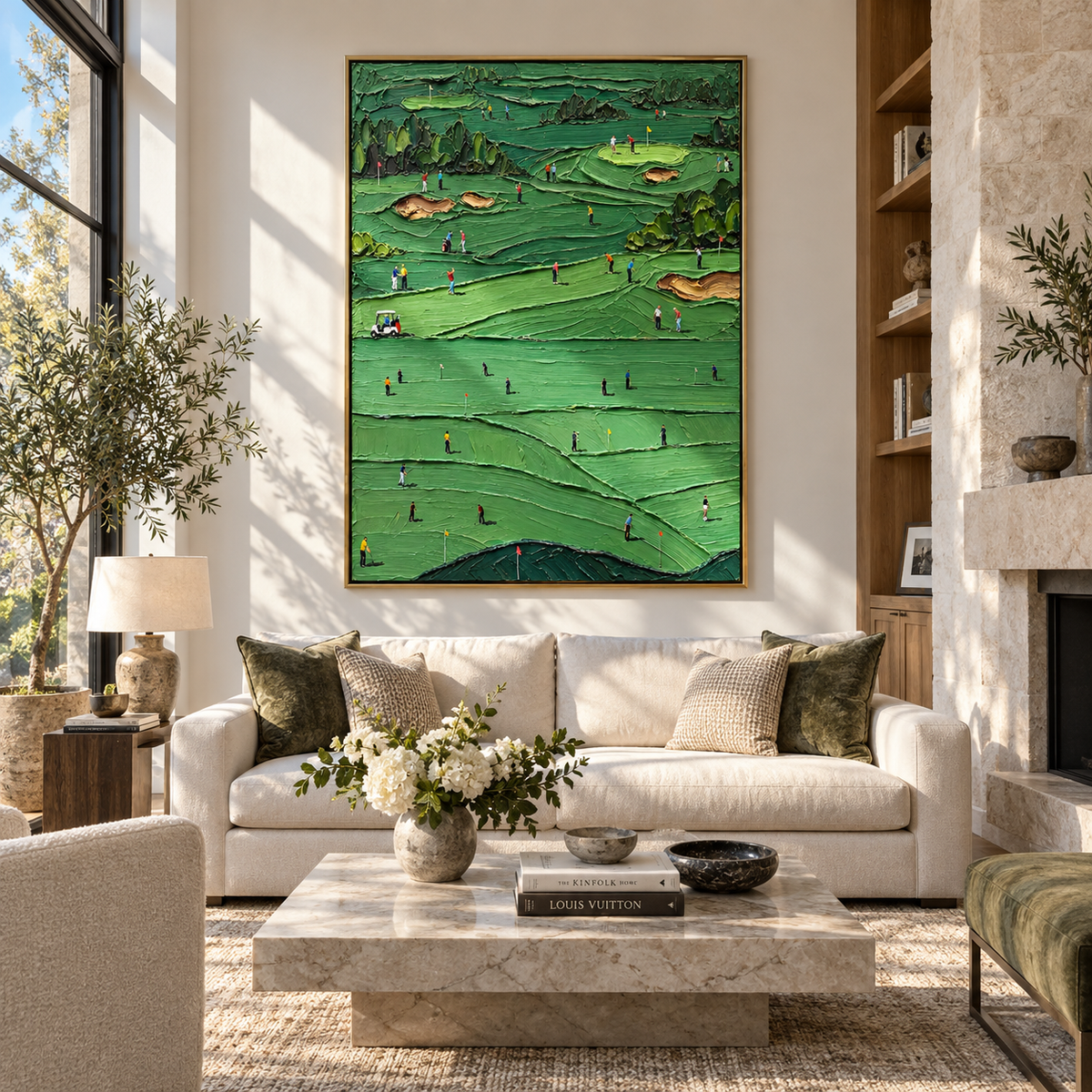 Many Games Across Green – modern golf painting presented in a refined room setting