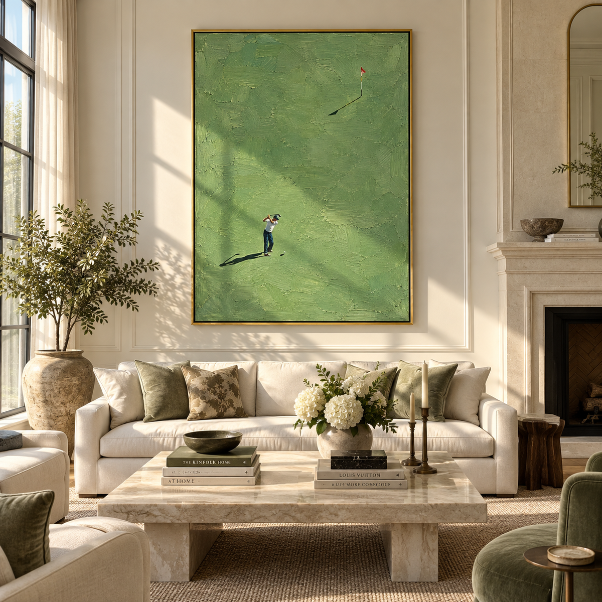 Long Shadow Before Par – green textured golf painting displayed in a modern interior