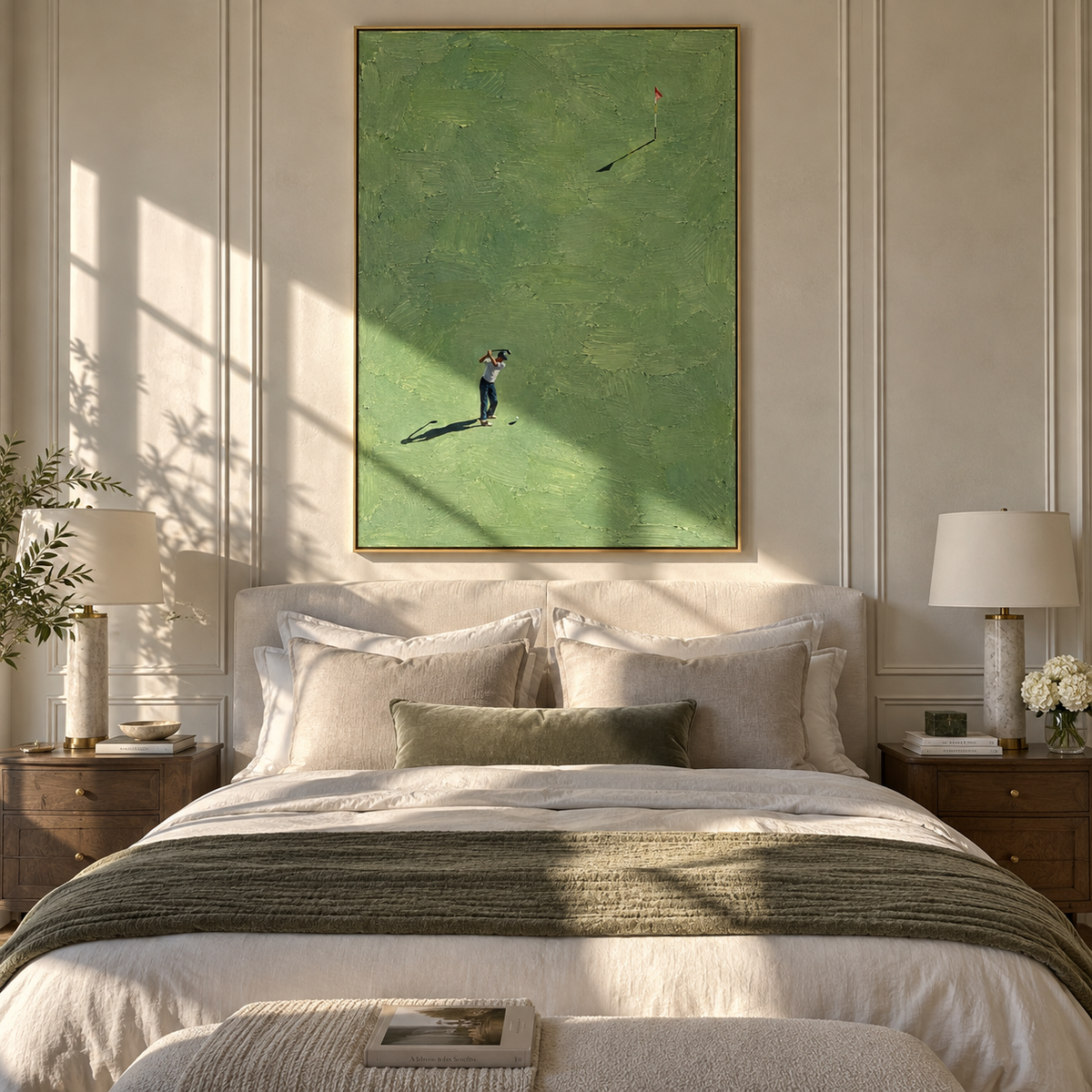 Long Shadow Before Par – vertical sport painting styled with contemporary furniture