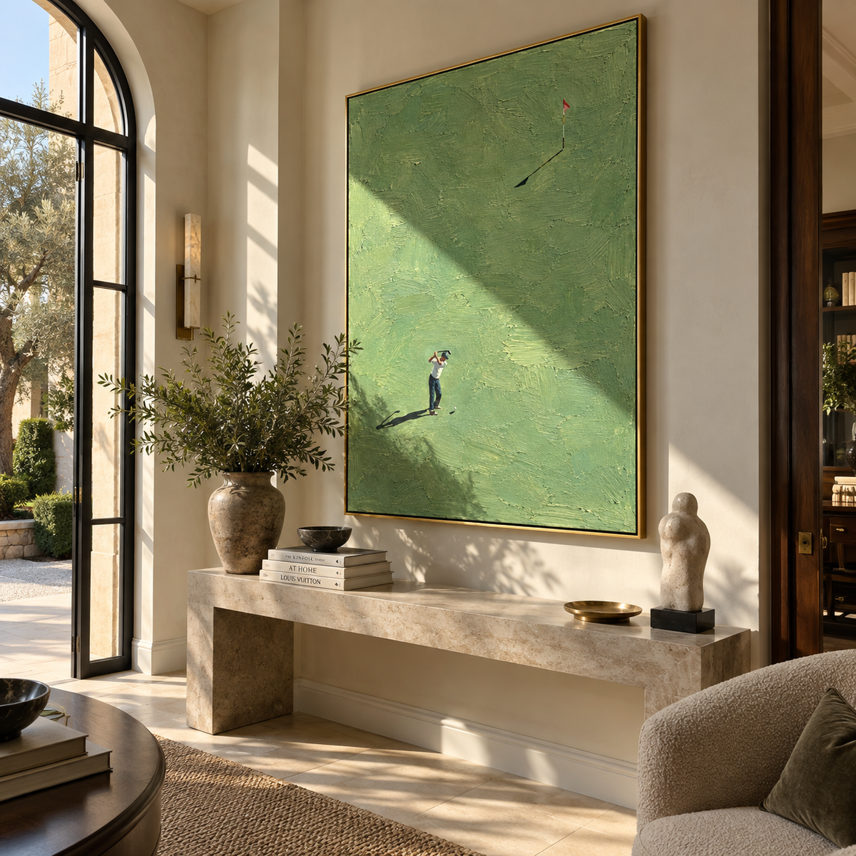 Long Shadow Before Par – modern golf painting presented in a refined room setting