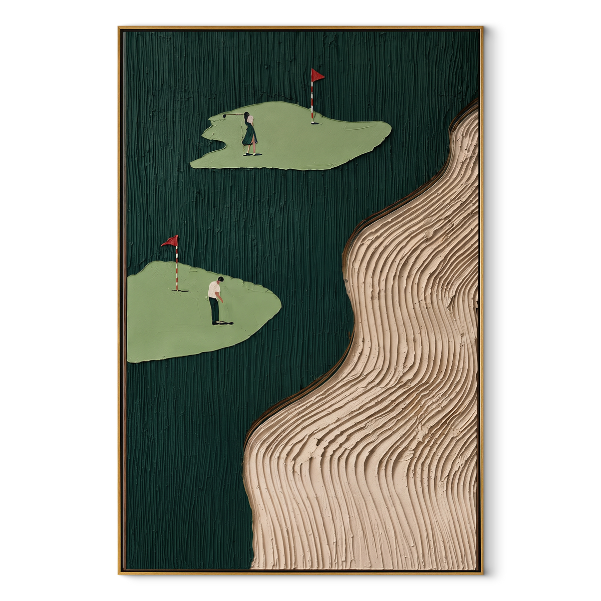 Twin Greens Ivory Current vertical painting in a wood frame on white