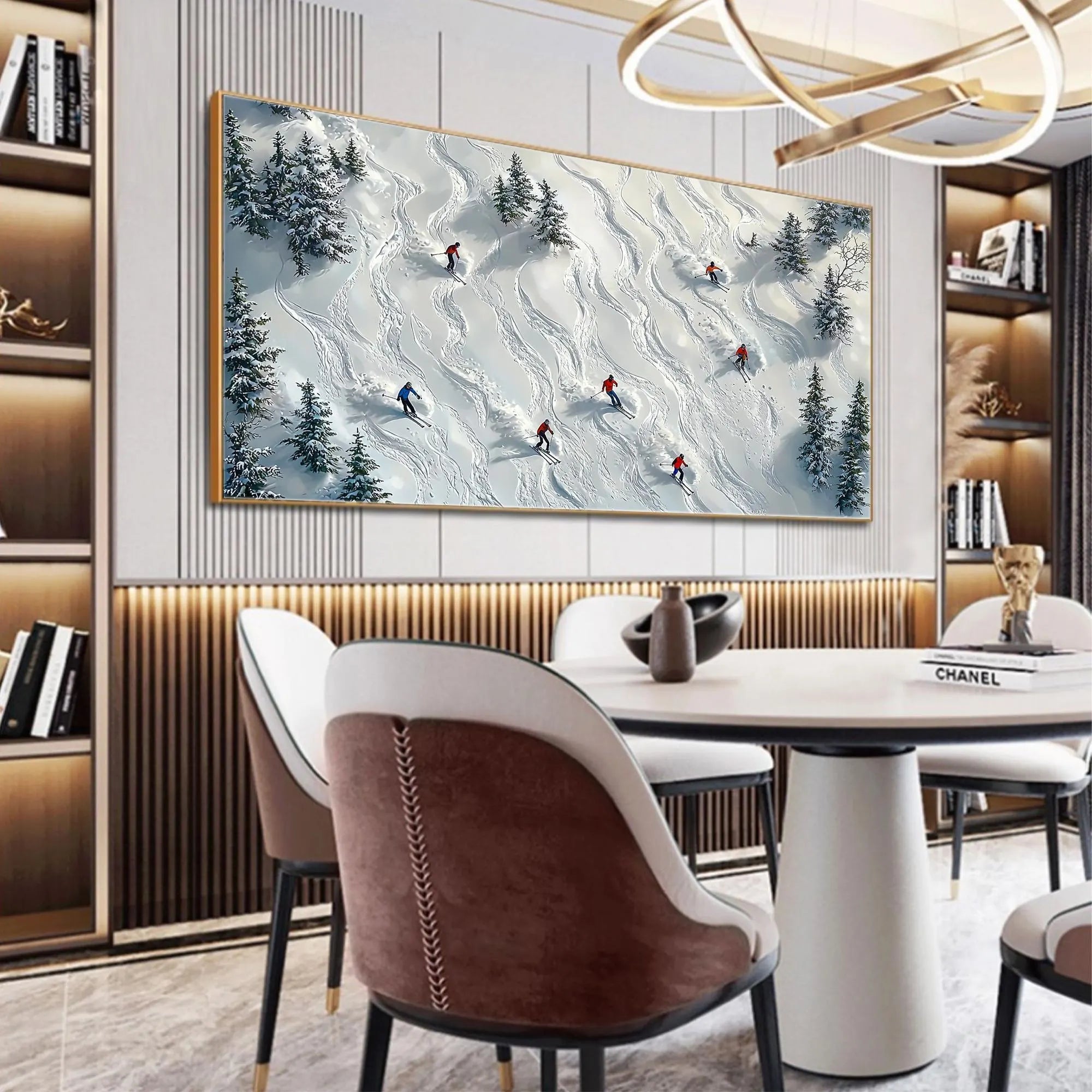 Alpine Trails – Hand-Painted Aerial View Skiers 3D Textured Snow Mountain Sport Painting | Contemporary Mountain Living Room & Home Office Art