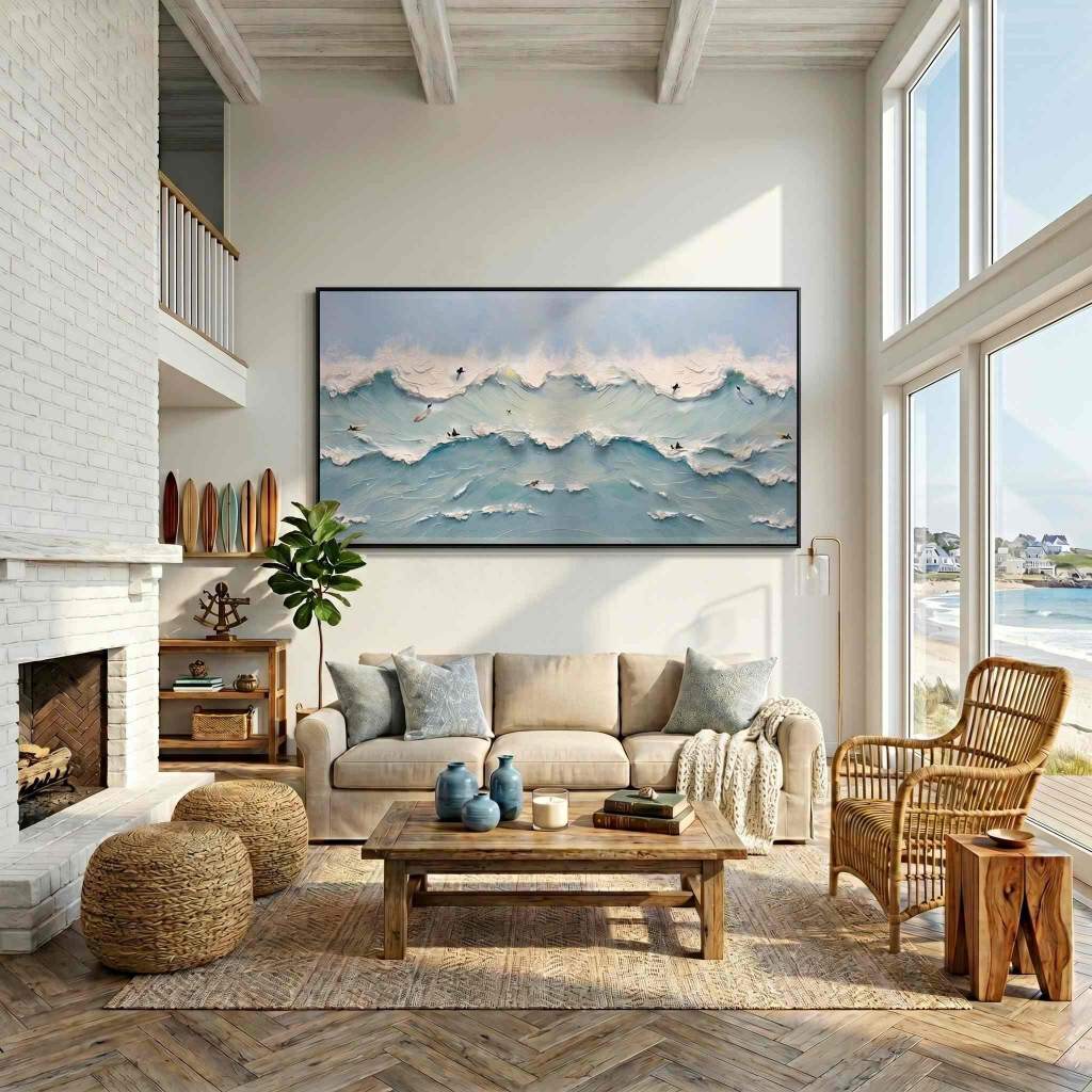 Ocean's Rhythm – Modern Impasto Sea Wave Painting | Creative Coastal Textured Living Room Art