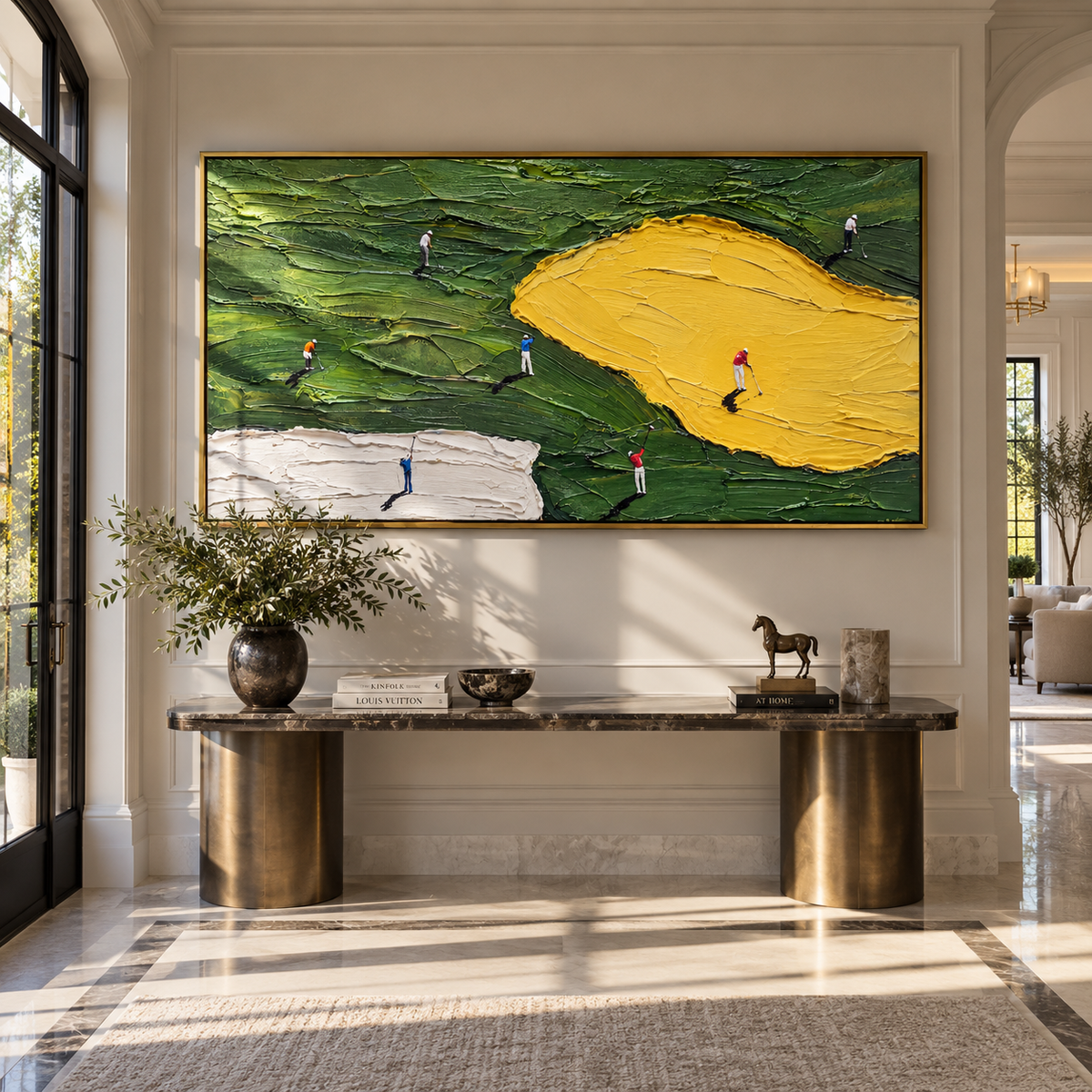 Players Circle Yellow Green textured wall art shown above contemporary furnishings