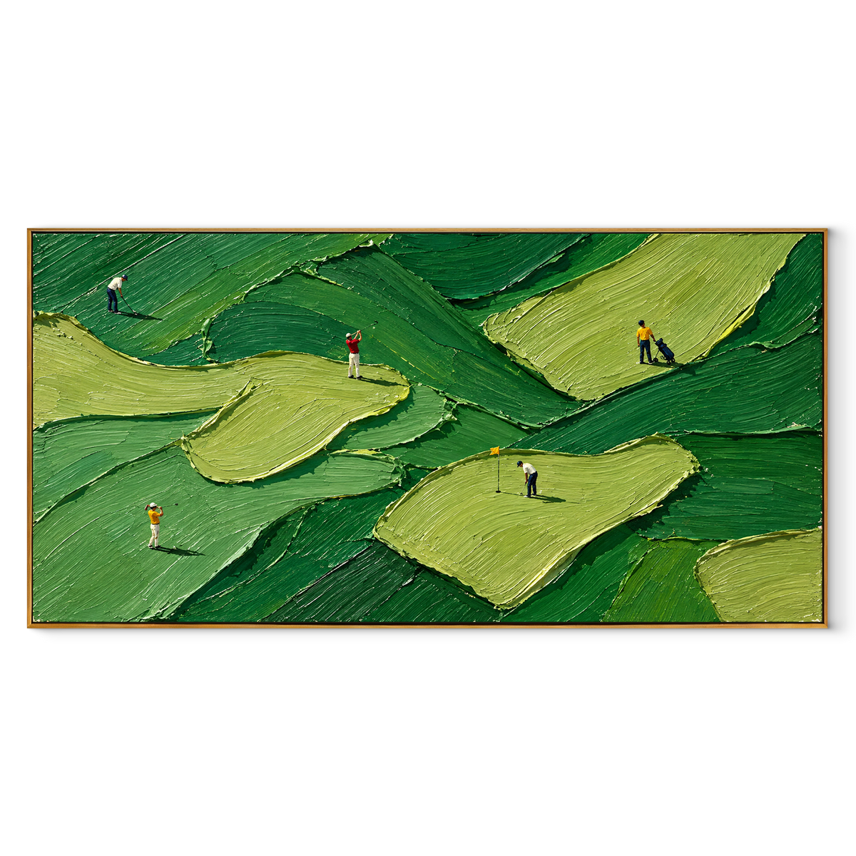 Golfers Cross Layered Greens panoramic canvas artwork in a wood frame on white