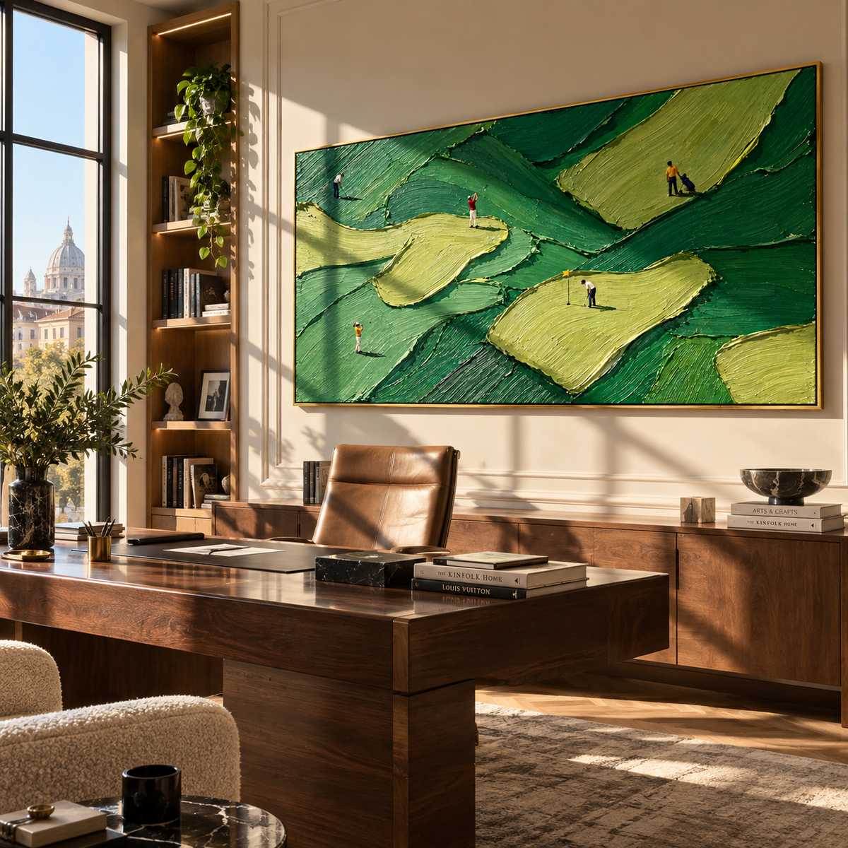 Golfers Cross Layered Greens textured wall art shown above contemporary furnishings