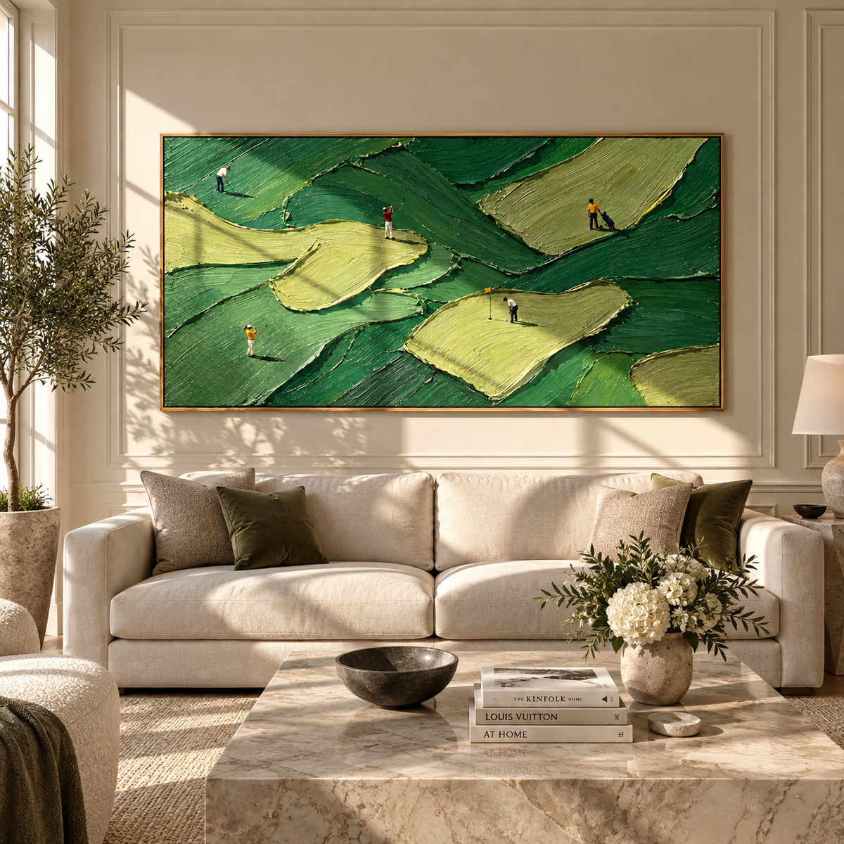 Golfers Cross Layered Greens presented in an alternate room setting