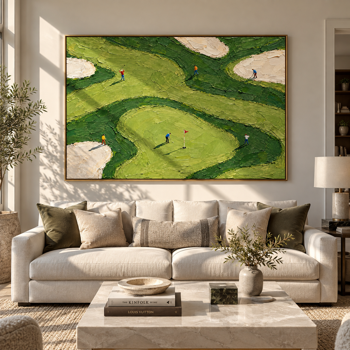 Fairways Curve Around Play green textured golf painting displayed in a modern interior
