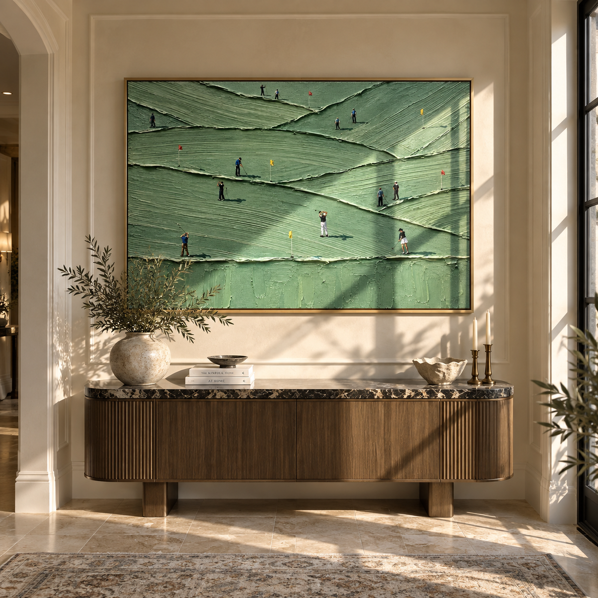 Players Cross Mint Fairways green textured golf painting displayed in a modern interior