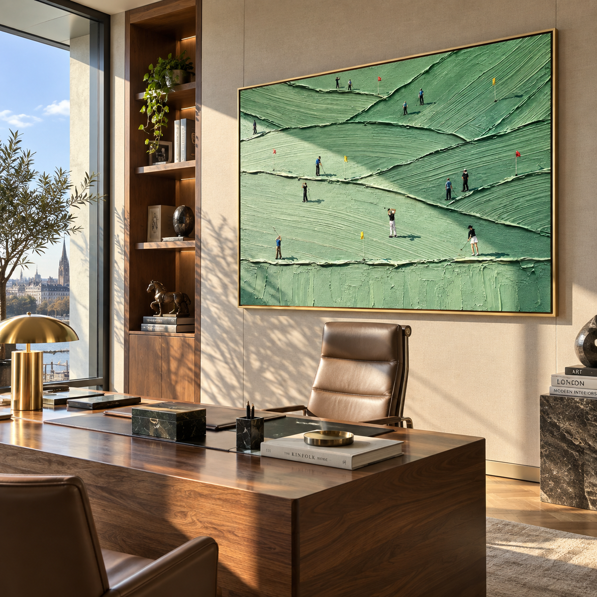 Players Cross Mint Fairways textured golfer artwork shown in a home office setting