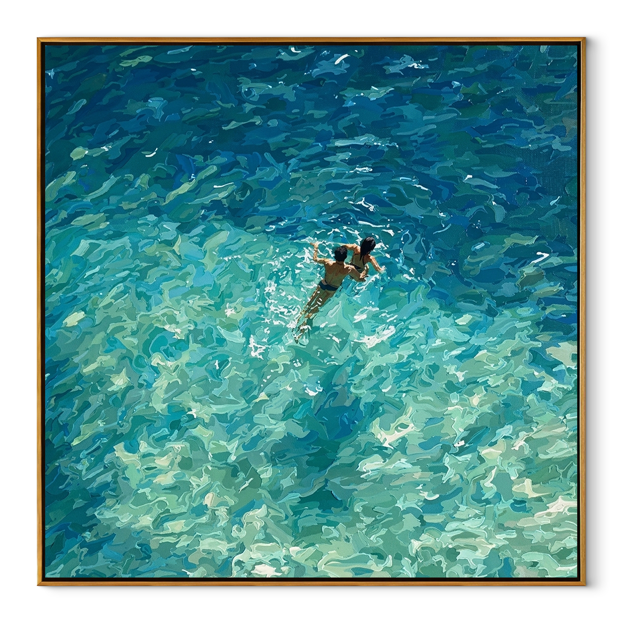 Swimmers in Open Water blue-green ocean sport painting with two figures, square canvas artwork
