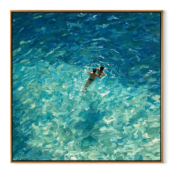 Swimmers in Open Water – Blue Ocean Sport Painting | Contemporary Square Living Room Wall Art