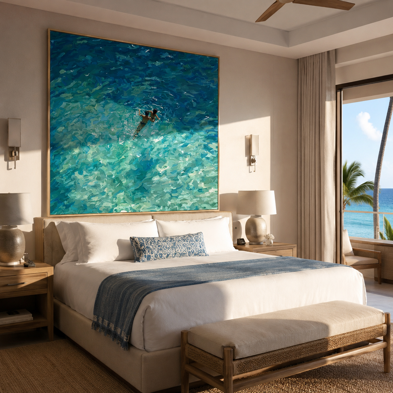 Swimmers in Open Water styled in a quiet reading nook with neutral furnishings