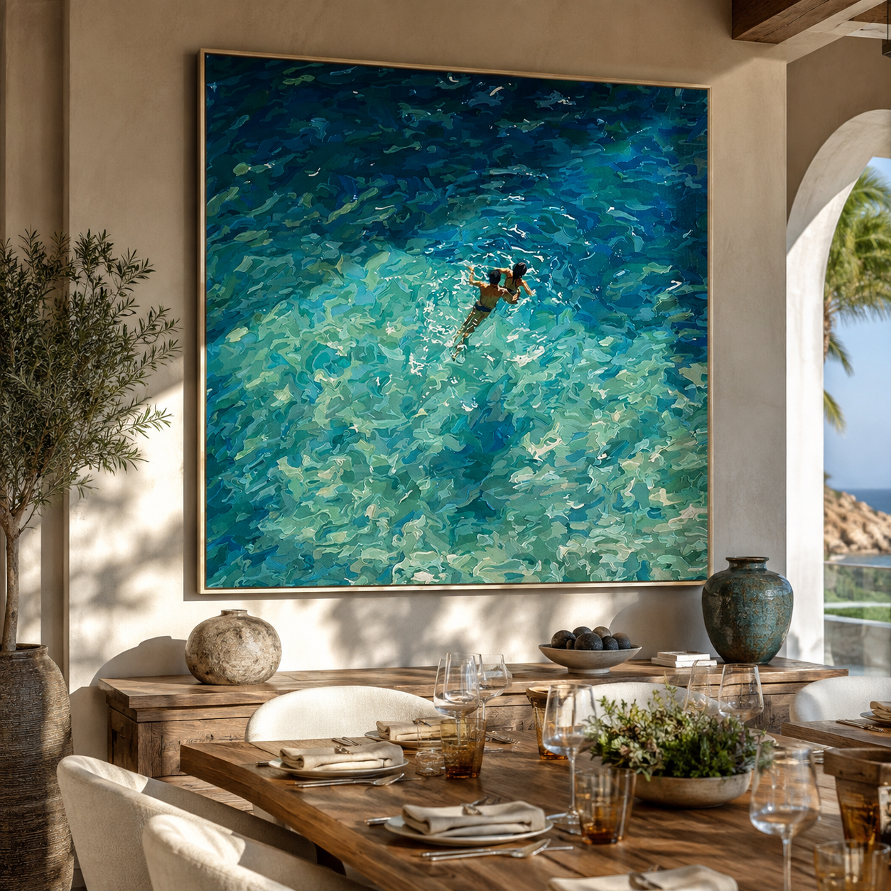 Swimmers in Open Water displayed in a dining room with coordinated modern decor