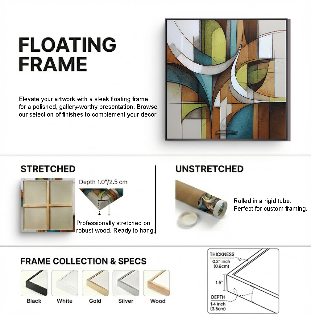 Canvas stretching and floating frame options with profile and finish details