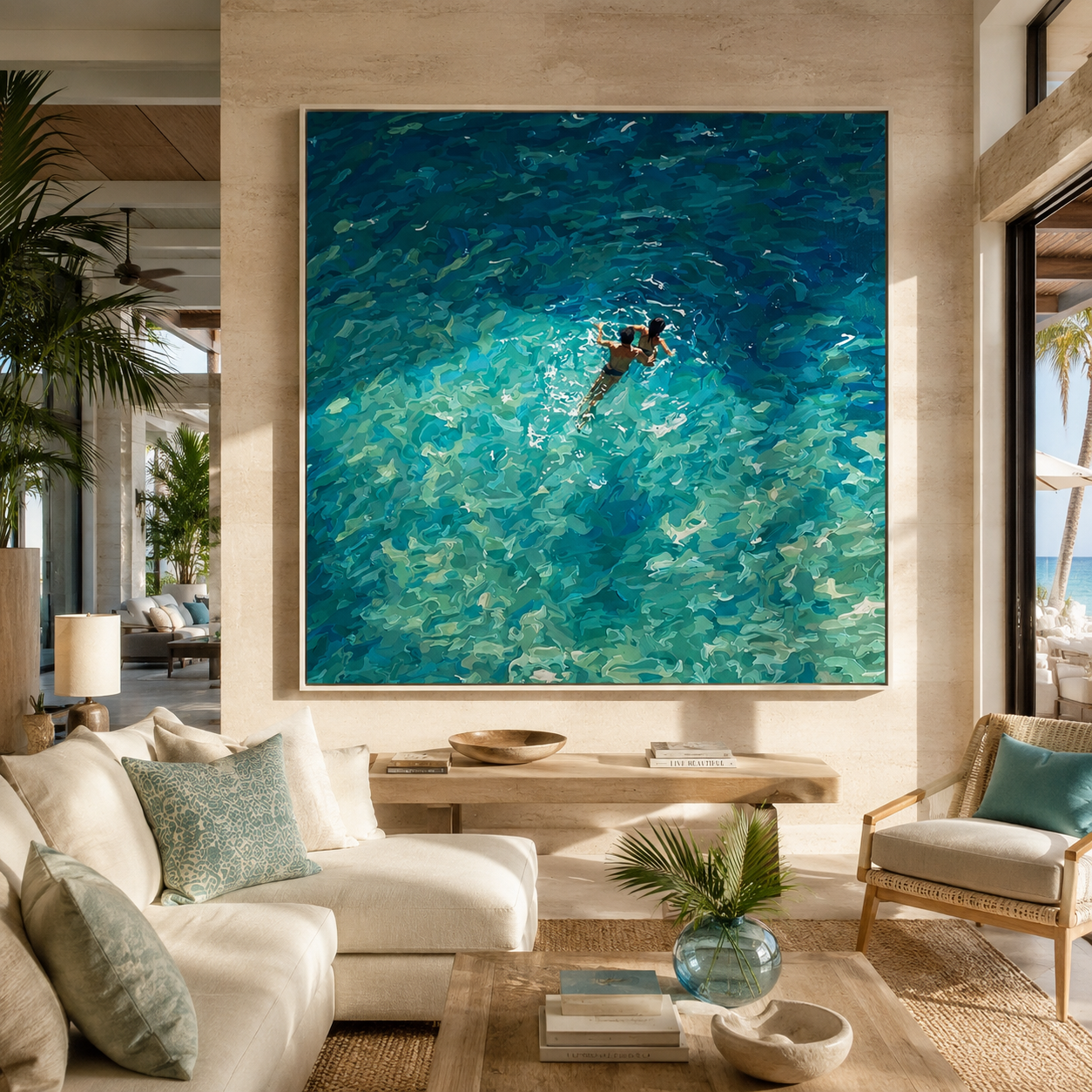 Swimmers in Open Water displayed above a living room sofa in a warm modern interior
