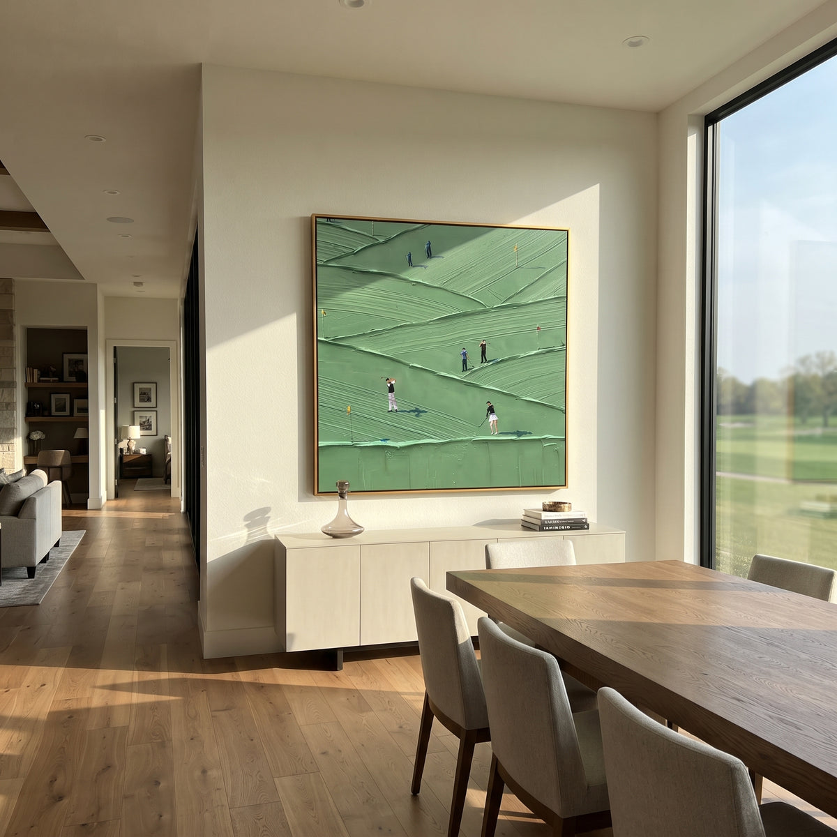 Golfers Across Mint Fields displayed in a styled interior