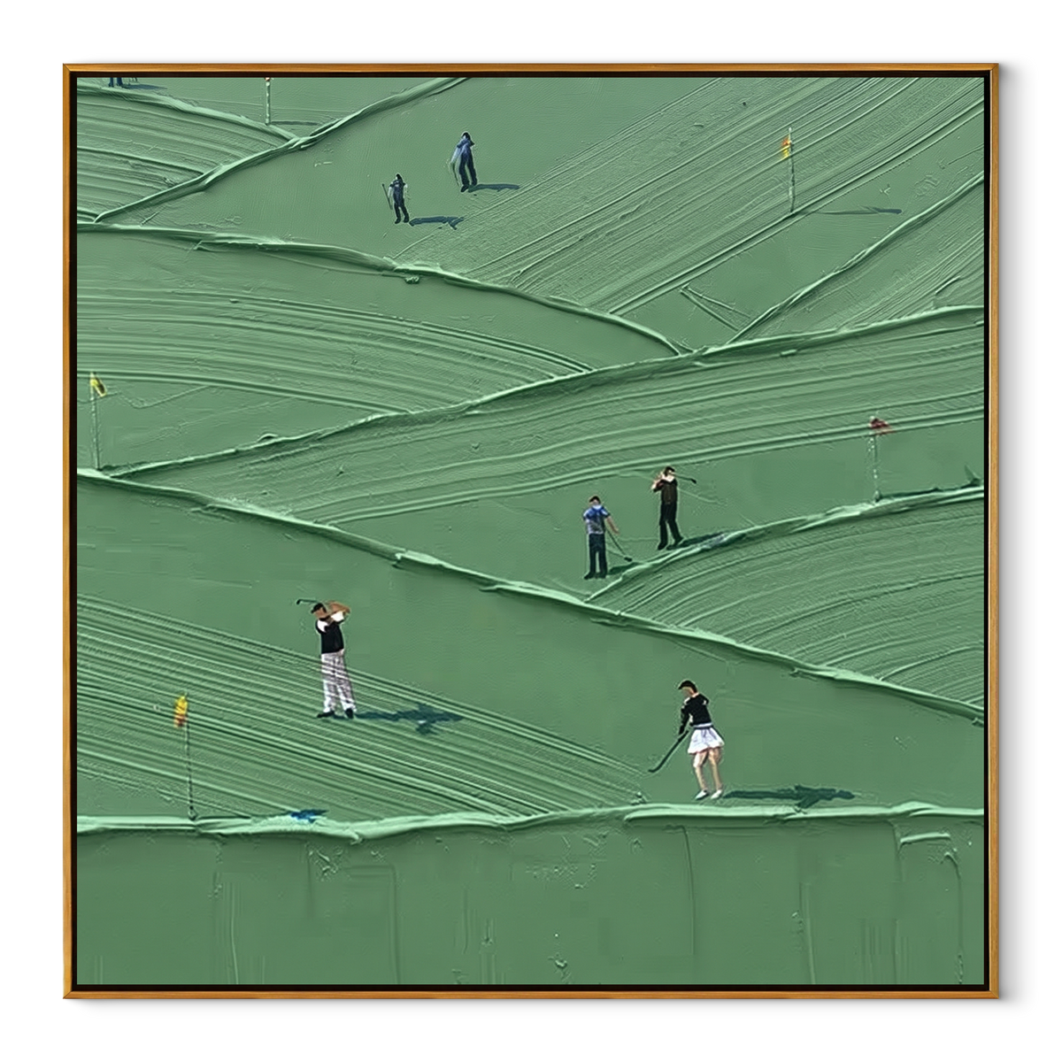 Golfers Across Mint Fields square painting in a wood frame on white