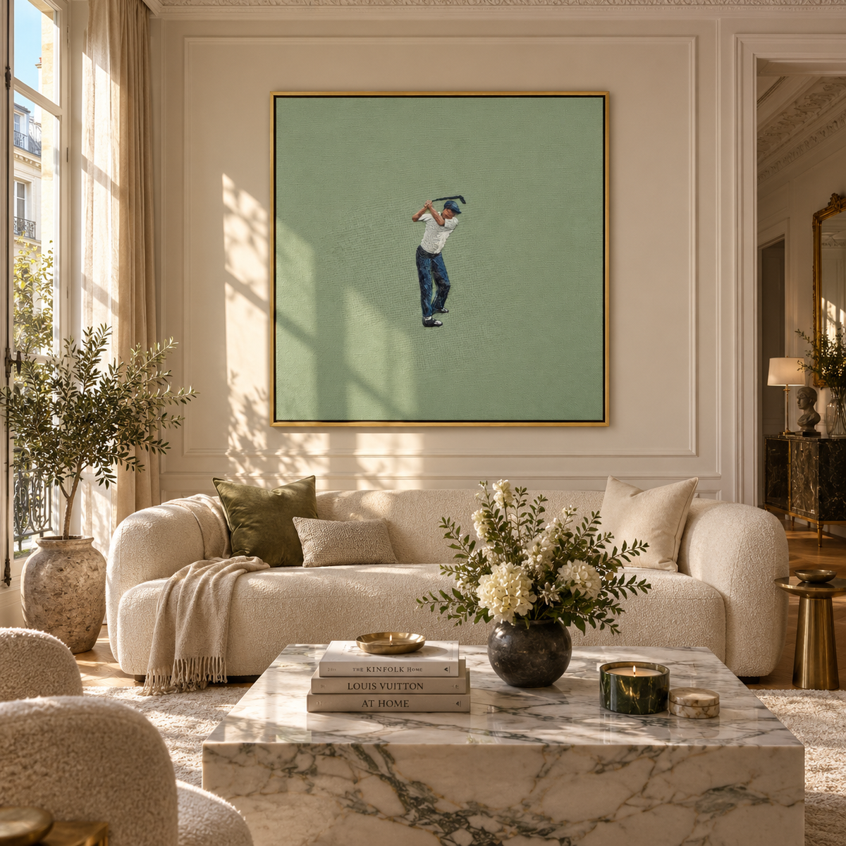 Golfer Holds Final Swing displayed in a styled interior