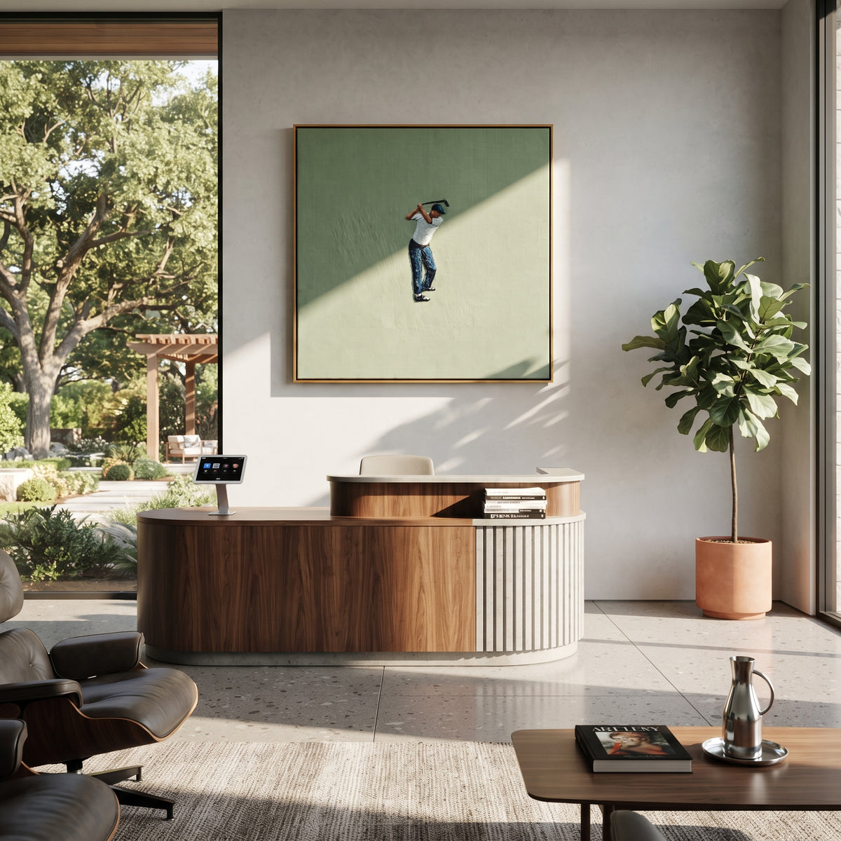 Golfer Holds Final Swing in an alternate room setting