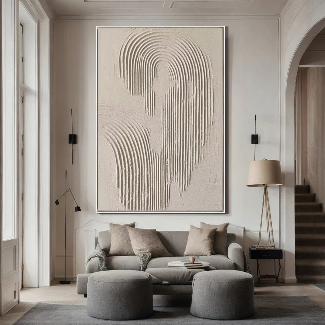 Ripple Echo – Hand-Painted Neutral Sand Plaster Effect Arch Ripple Relief Wabi-Sabi Painting | Japandi Organic Wabi-Sabi Living Room & Hallway Art