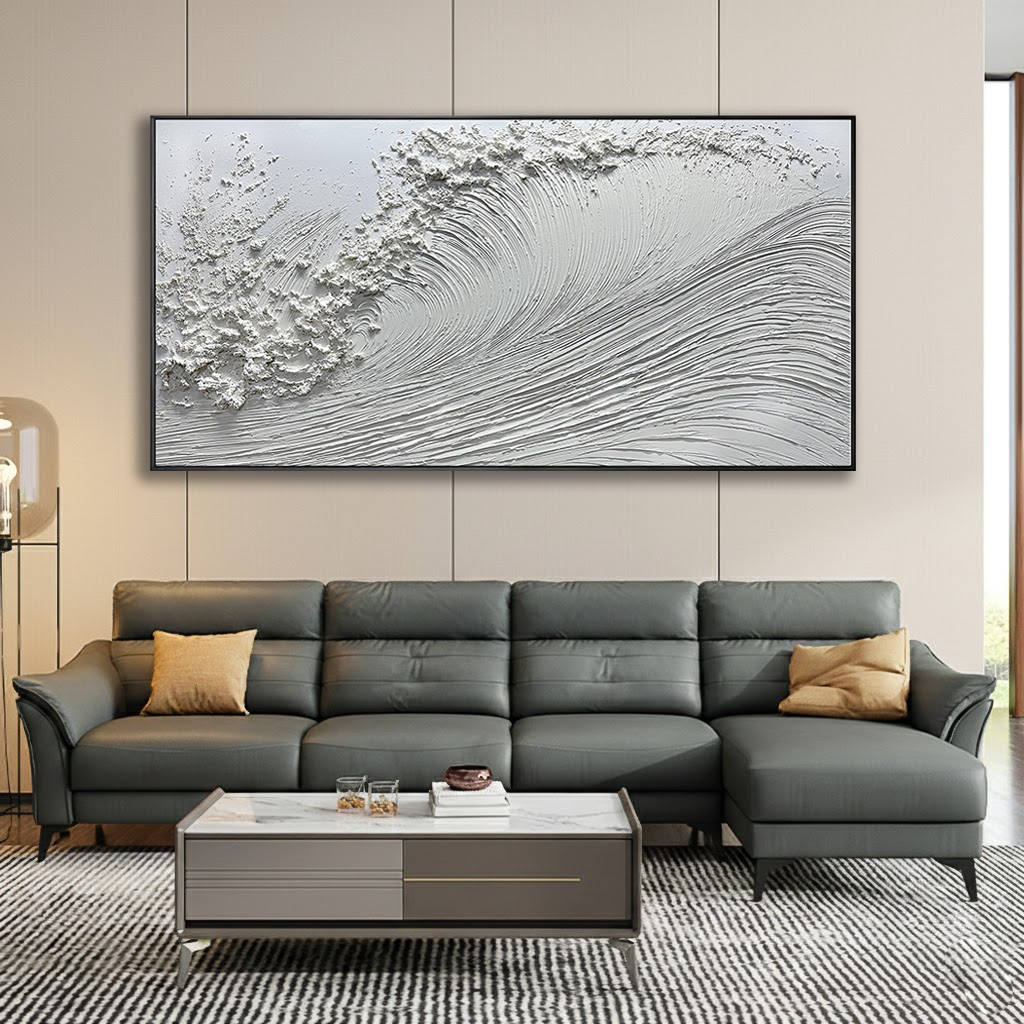 WHITE CREST: Panoramic 3D Plaster Texture Wave Wall Art, Modern Ocean Relief Painting