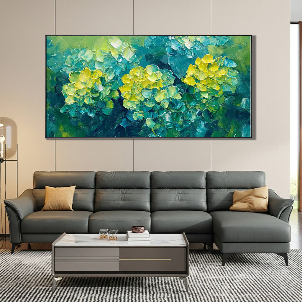 Emerald Bloom – Vibrant Floral Palette Knife Texture Painting | Vibrant Botanical Living Room & Dining Room Art