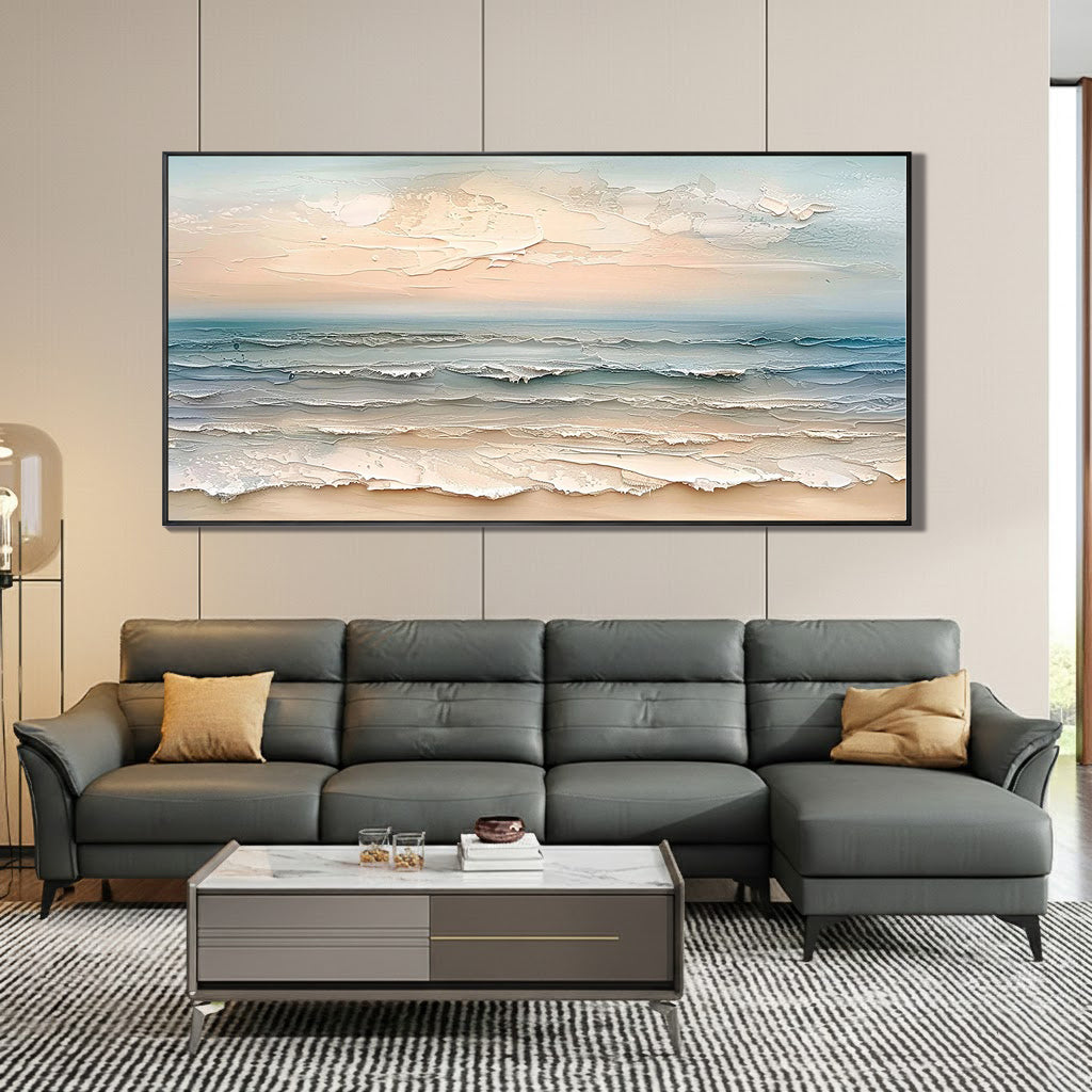 Ocean Whispers – Modern Creamy Coastal Seascape Textured Painting | Large Horizontal Living Room Art