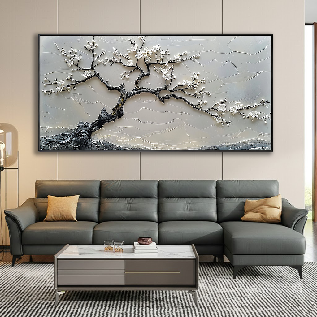Winter Blossom – Luxury High-Relief Stark Black and White Painting | Panoramic Botanical Living Room Art