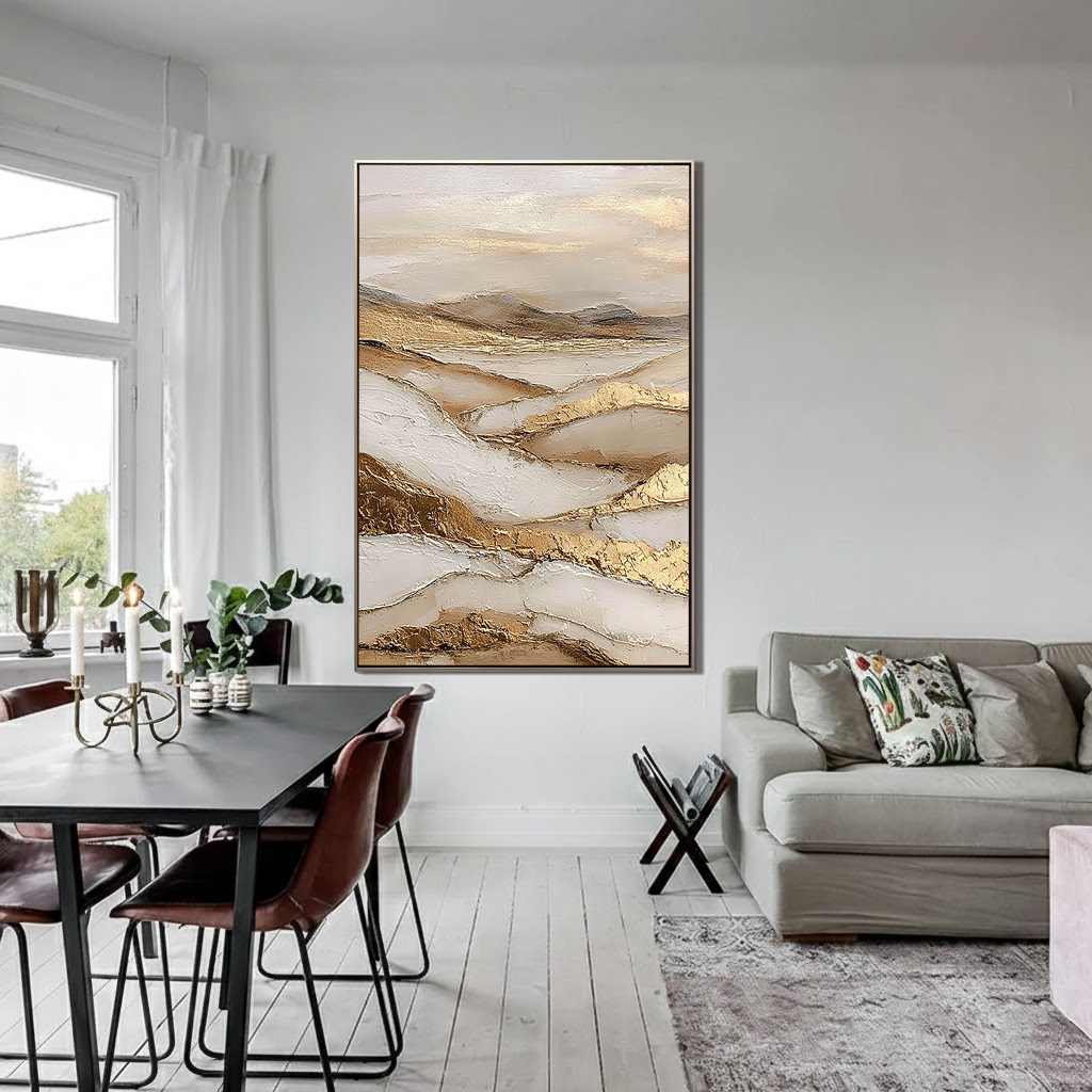 Golden Ridges – Wabi-Sabi Minimalist Earth Tone Impasto Painting | Luxury Textured  Living Room Art