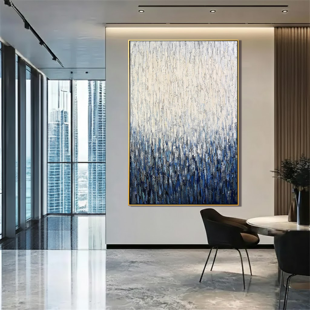 Azure Rain – 3D Heavy Texture Blue & White Pointillism Relief Abstract Painting | Modern Abstract Living Room & Office Art