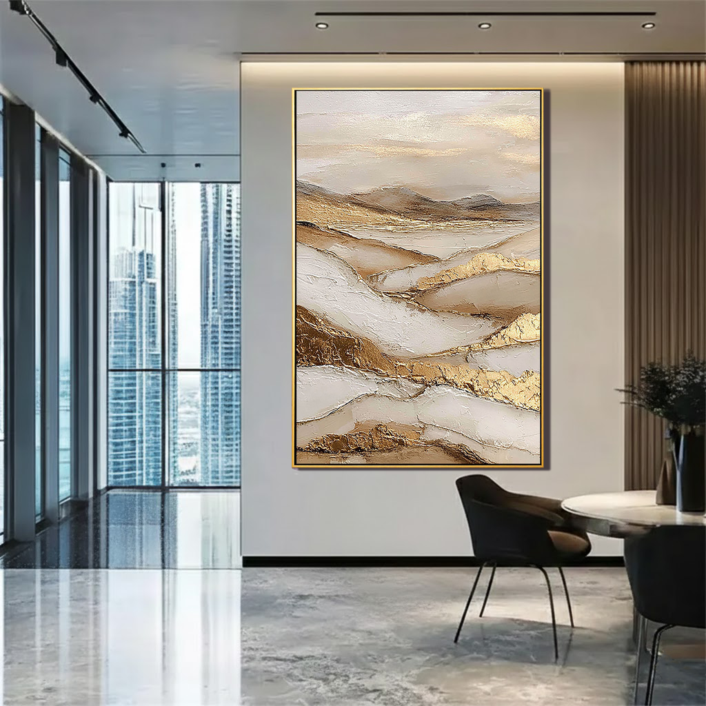 Golden Ridges – Wabi-Sabi Minimalist Earth Tone Impasto Painting | Luxury Textured  Living Room Art