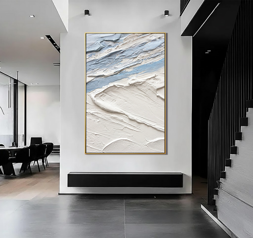 ARCTIC DRIFT: Texture Wall Art, Hand-Painted White and Icy Blue 3D Impasto Palette Knife Heavy Texture Canvas Painting