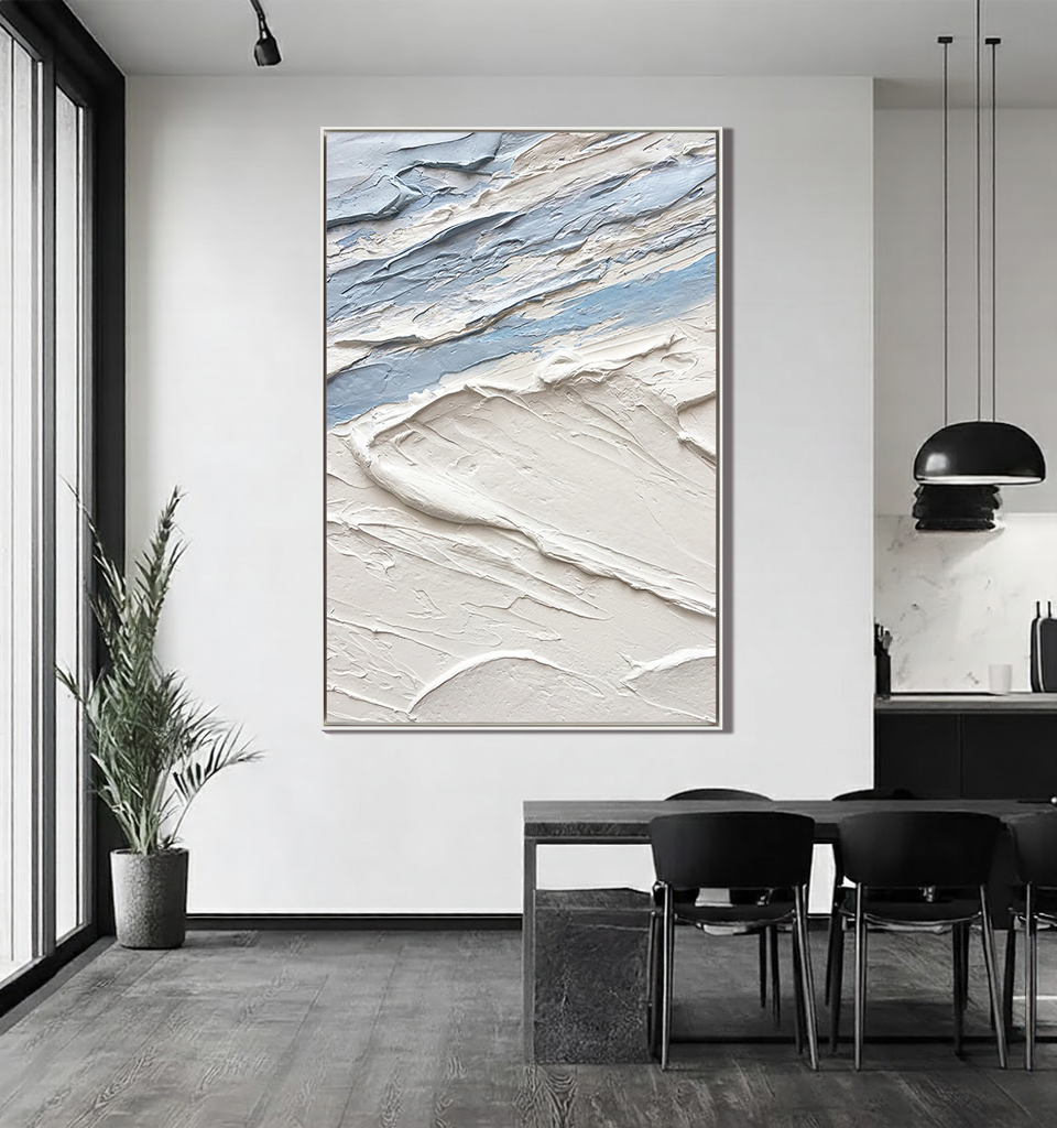 ARCTIC DRIFT: Texture Wall Art, Hand-Painted White and Icy Blue 3D Impasto Palette Knife Heavy Texture Canvas Painting