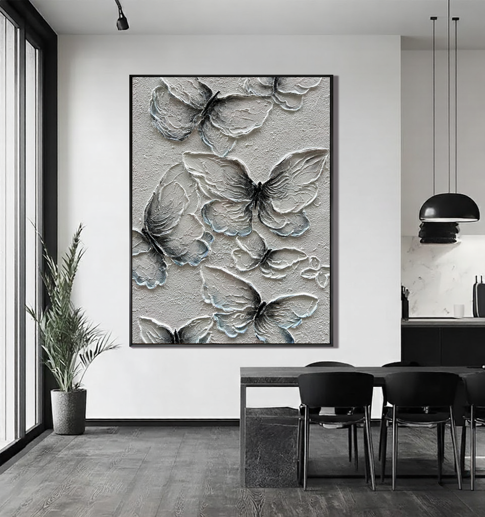 Gossamer Wings – White Plaster Animal Relief Texture Painting | Contemporary Plaster Texture Living Room & Office Art