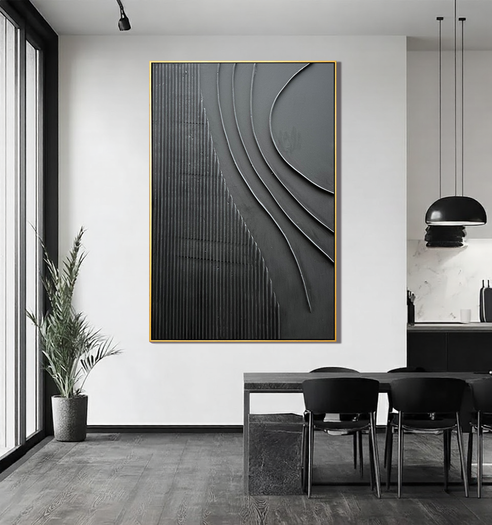 Obsidian Flow – Minimalist Wave Relief Modern Painting | Bold Minimalist Bedroom & Home Office Art