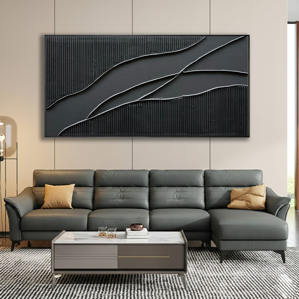 Obsidian Flow – Modern 3D Linear Abstract Minimalist Painting | Bold Minimalist Bedroom & Home Office Art