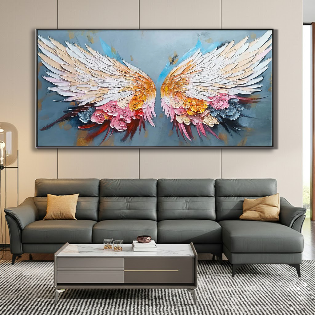 Celestial Wings – Hand-Painted Floral Palette Knife 3D Angel Painting | Contemporary Botanical Bedroom & Living Room Art