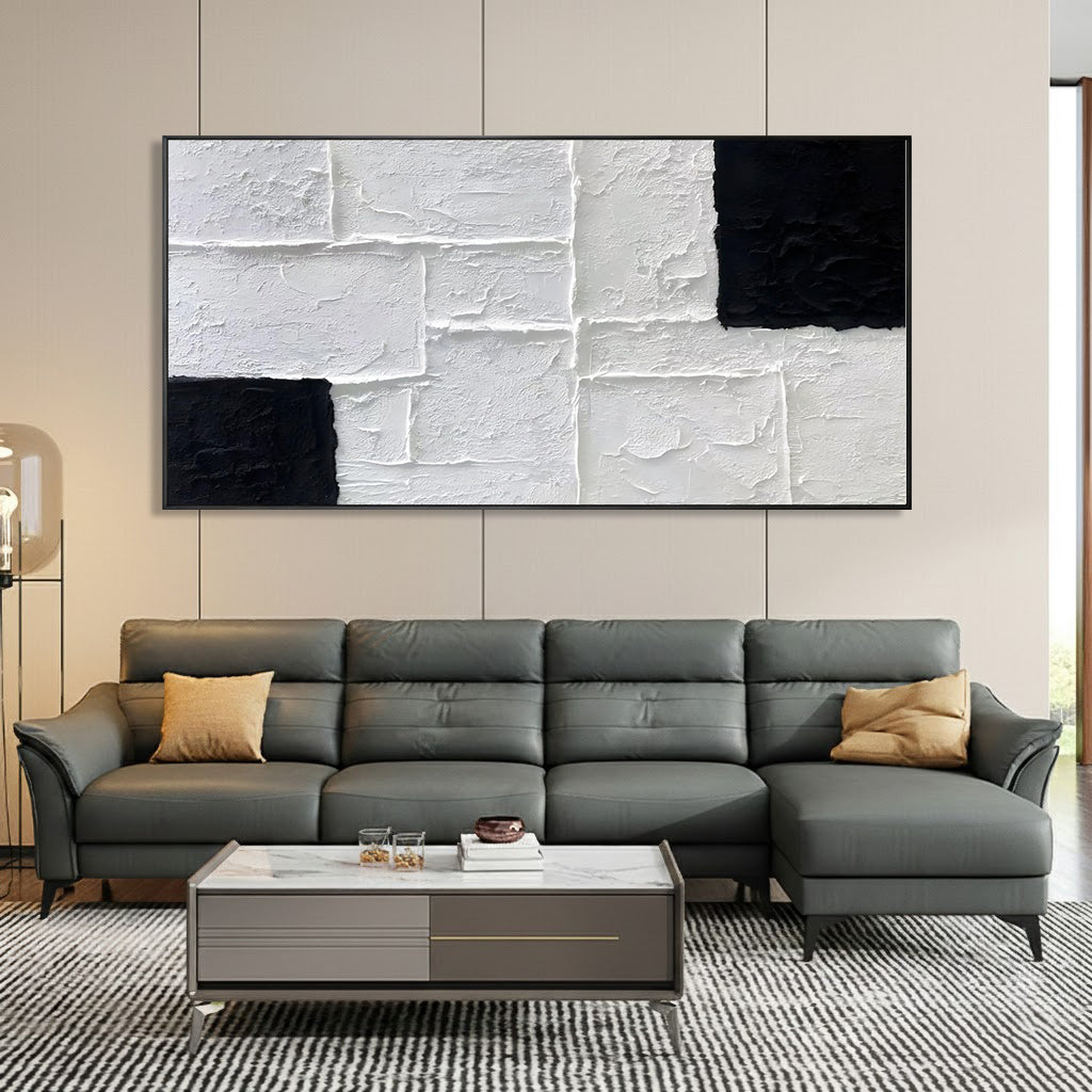 Mono Block – Black and White Geometric Relief Texture Painting | Industrial Abstract Home Office & Living Room Art