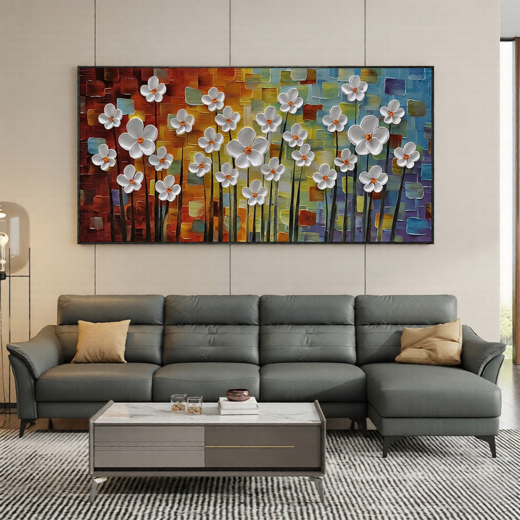 RAINBOW BLOOM: Panoramic 3D Heavy Texture Floral Wall Art, Vibrant Mosaic Background Relief