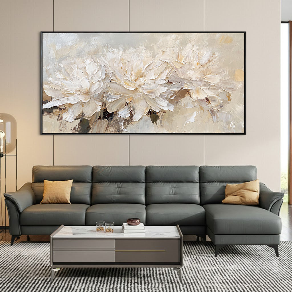 VANILLA PEONY: Panoramic 3D Heavy Texture Floral Wall Art, Creamy Relief Palette Knife Painting
