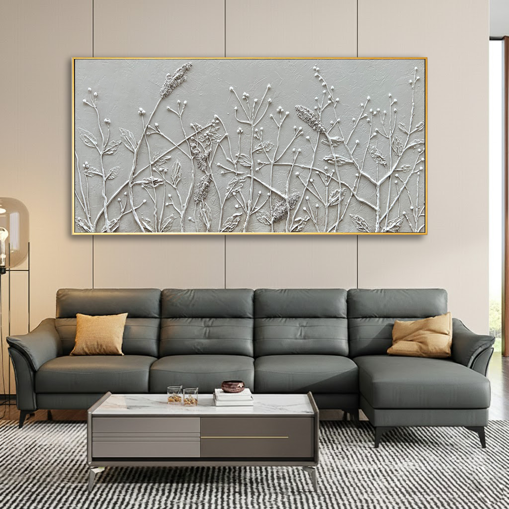 Meadow Breeze – White Botanical Relief Floral Painting | Contemporary Botanical Bedroom & Living Room Art