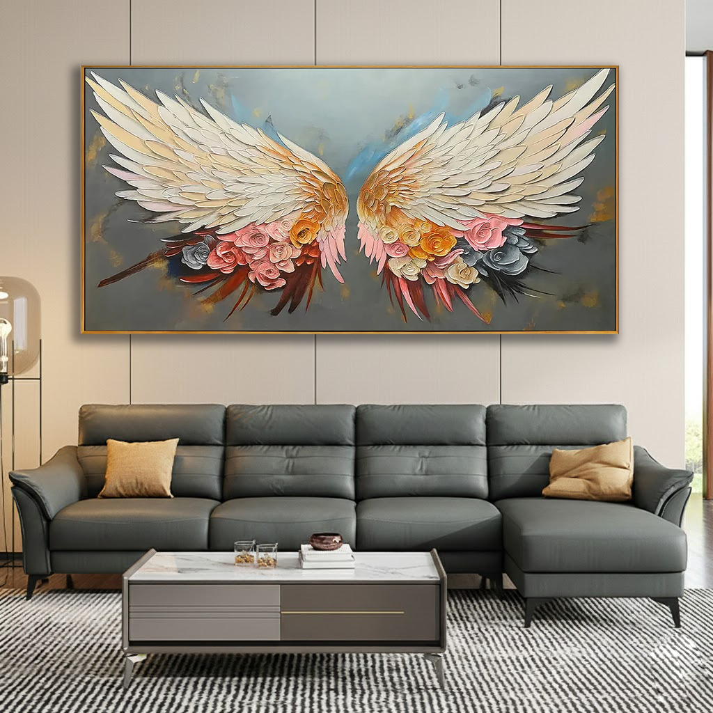 Angelic Bloom – White Feather & Pink Floral Relief Texture Painting | Contemporary Botanical Bedroom & Living Room Art