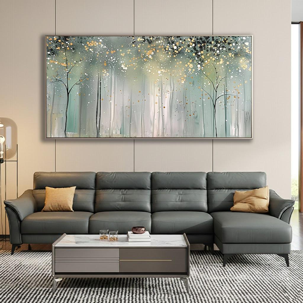 Stardust Forest – Hand-Painted Abstract Gold Pointilism Forest Scene Landscape Painting | Contemporary Landscape Living Room & Dining Room Art