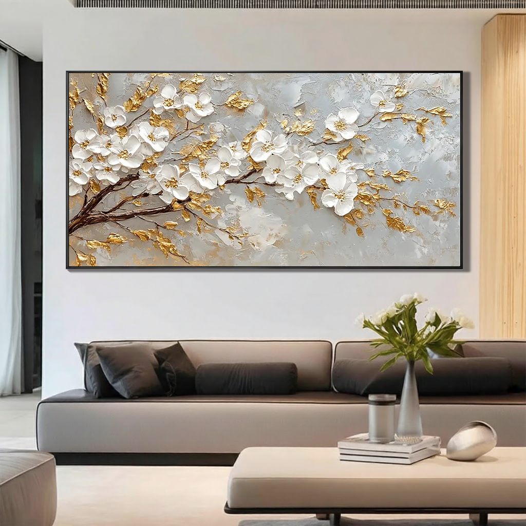 Golden Orchard – 3D Impasto White Cherry Blossom Hand-Painted Floral Painting | Modern Luxury Botanical Bedroom & Living Room Art