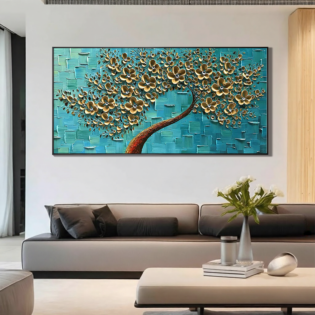 Teal Radiance – Gold Leaf Flower Relief Texture Painting | Modern Luxury Botanical Bedroom & Living Room Art