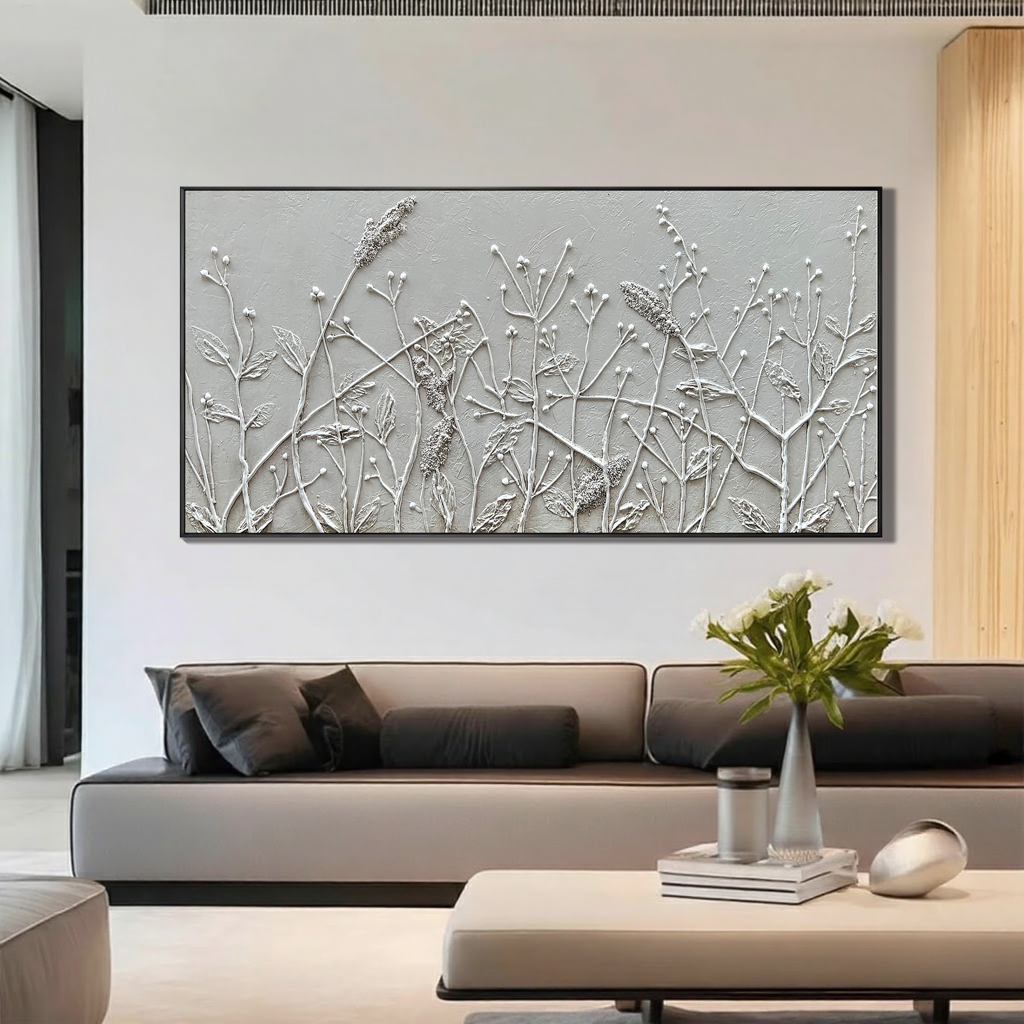 Meadow Breeze – White Botanical Relief Floral Painting | Contemporary Botanical Bedroom & Living Room Art