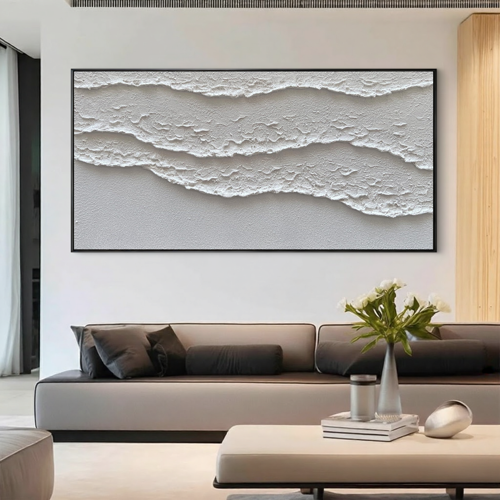 White Crest – 3D Linear Wave Relief Abstract Minimalist Painting | Modern Minimalist Bedroom & Home Office Art
