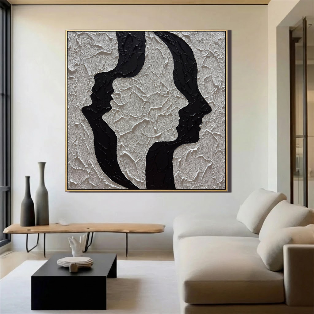 TWIN SOULS: Abstract Wall Art, Hand-Painted Black and White Face Silhouette 3D Plaster Effect Heavy Texture Canvas Painting